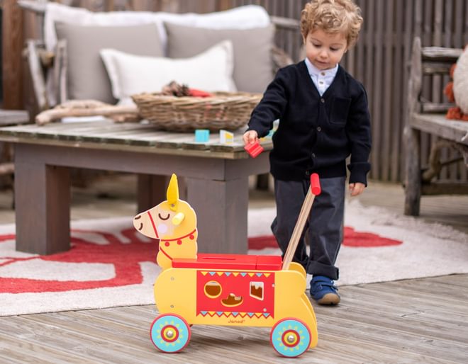 Ride On Pull Along Llama with Shape Sorter Game in Belly Wicked